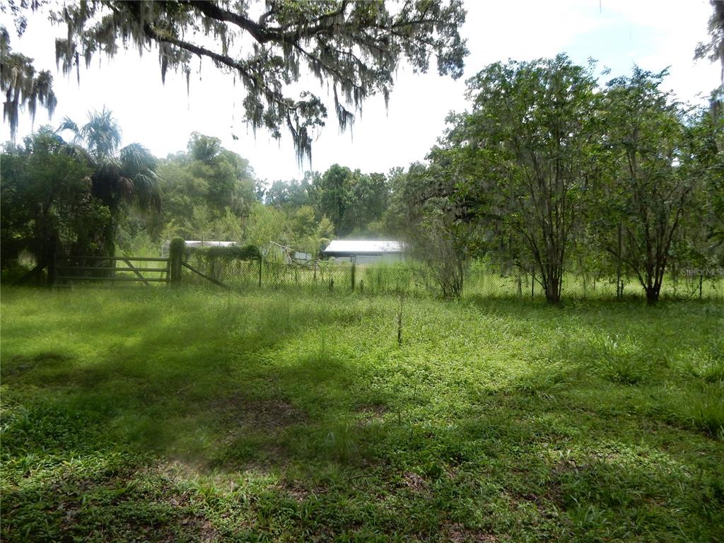 A grassy, fenced lot features a wooden gate and a small building in the background — 38036 CENTRAL AVENUE, ZEPHYRHILLS, FL
