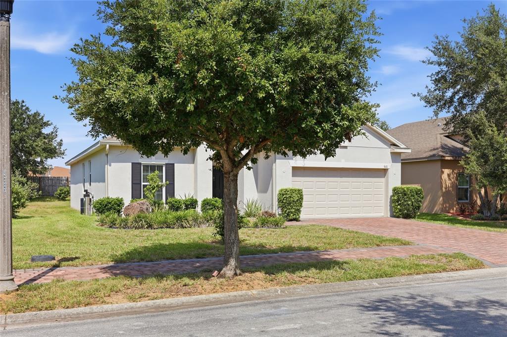A single-story house with a beige exterior, a two-car garage, and a large front tree — 601 BRIDGEFORD CROSSING BOULEVARD, DAVENPORT, FL