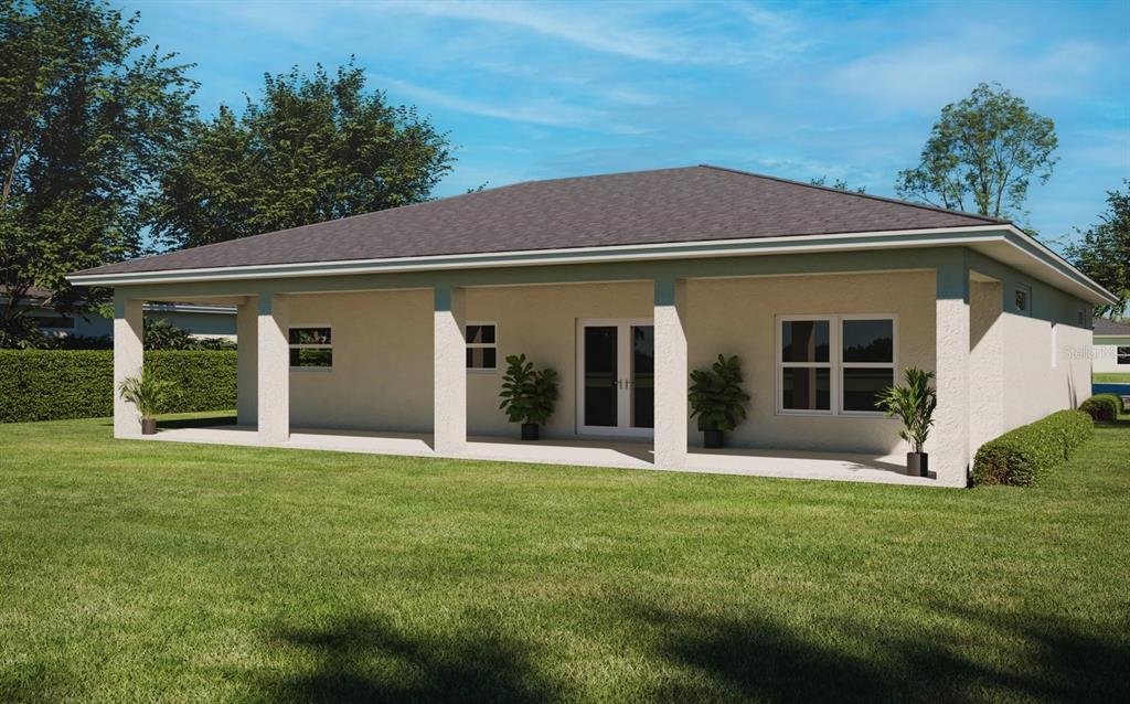 A digital rendering of the rear exterior of a house featuring a covered patio — 7435 CASILLA STREET, SEBRING, FL