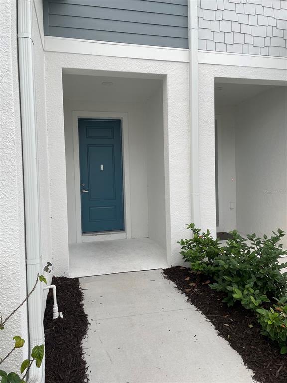 A blue front door is recessed within a white stucco entryway featuring a concrete walkway — 8443 CANYON CREEK TRAIL, PARRISH, FL