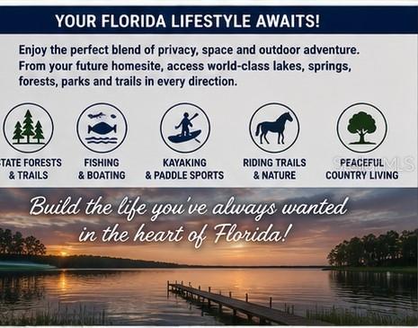This is a promotional graphic featuring text, icons, and a sunset view of a lake — 00 COUNTRY ROAD, EUSTIS, FL