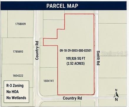 This parcel map shows a 2.52-acre property zoned R-3 with no HOA or wetlands — 00 COUNTRY ROAD, EUSTIS, FL