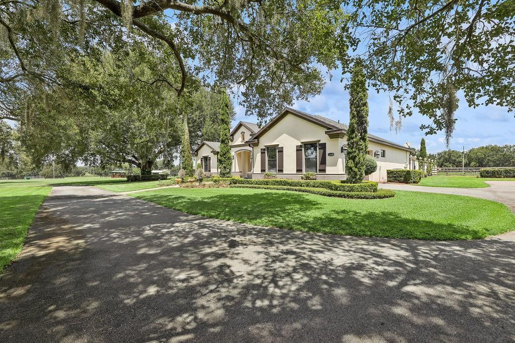 A single-story house with a paved driveway, manicured lawn, and large oak trees — 11408 N MAGNOLIA AVENUE, OCALA, FL