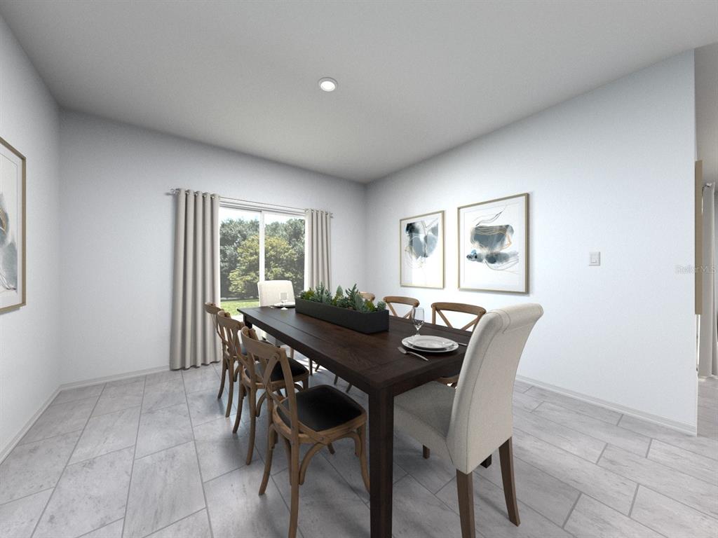This rendering shows a dining room with a dark wood table, chairs, and tile flooring — 3313 ORCHARD LOOP, BARTOW, FL