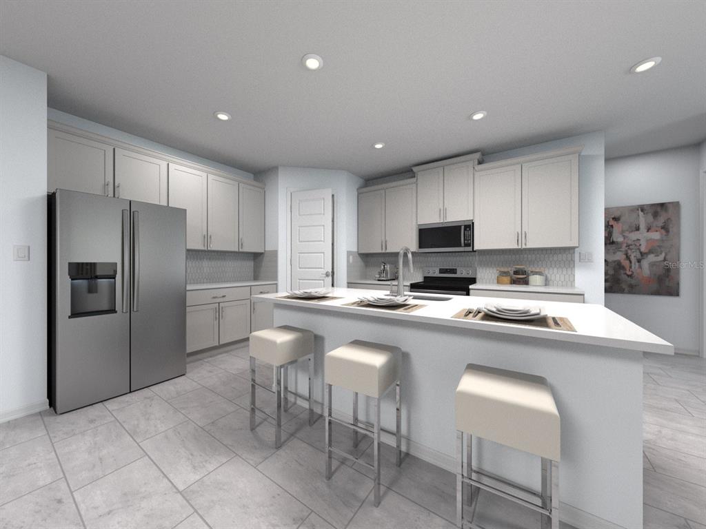 This is a digital rendering of a modern kitchen featuring white cabinetry, stainless appliances, and island seating — 3313 ORCHARD LOOP, BARTOW, FL
