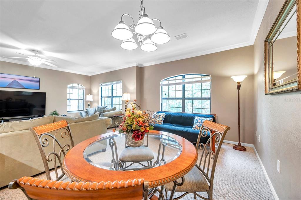 A living room features beige walls, carpeted flooring, two green sofas, and a ceiling fan — 2279 PORTOFINO PLACE UNIT 20-202, PALM HARBOR, FL