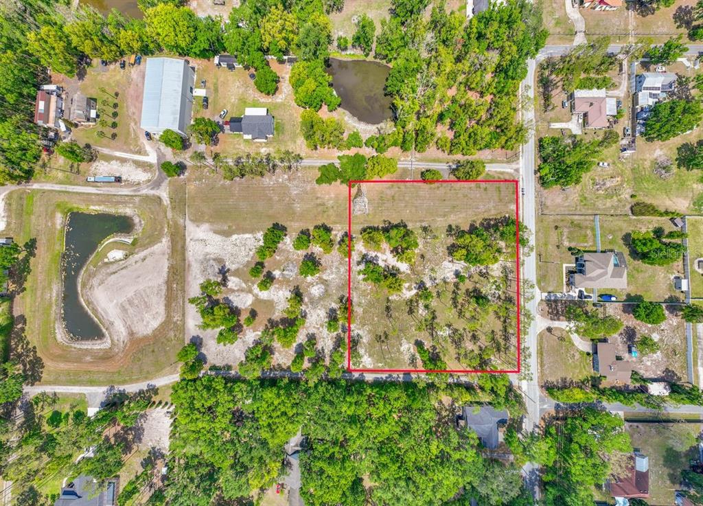 An aerial view shows a rectangular vacant lot outlined in red within a wooded area — 0 HANNA ROAD, LUTZ, FL