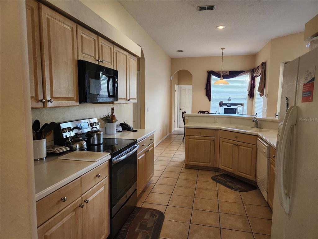 A kitchen features light wood cabinets, black appliances, tile flooring, and a breakfast bar — 1629 CANOE DRIVE, LUTZ, FL