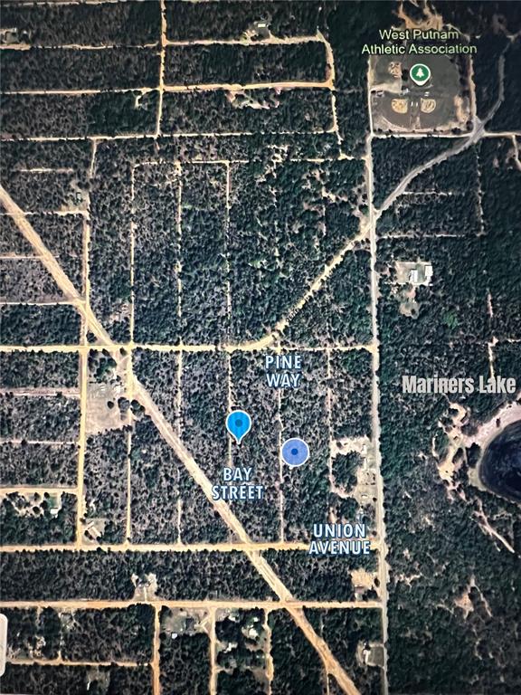 This is an aerial map showing wooded land parcels near Mariners Lake and local roads — XX PINE WAY, INTERLACHEN, FL