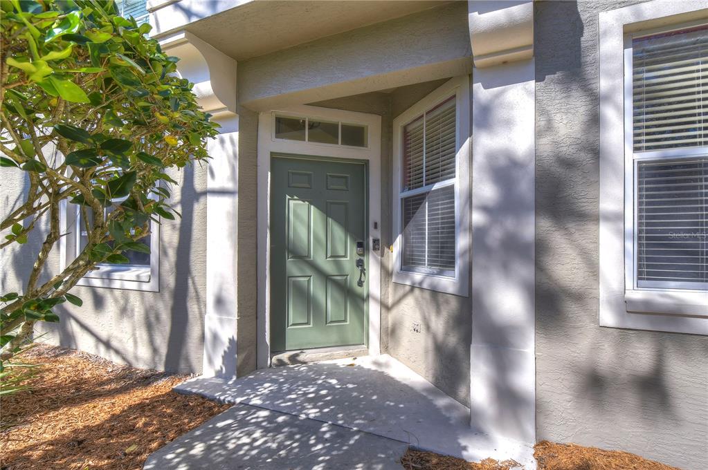 A green front door is set in a tan stucco exterior with white trim — 3292 COVERED BRIDGE DRIVE E, DUNEDIN, FL
