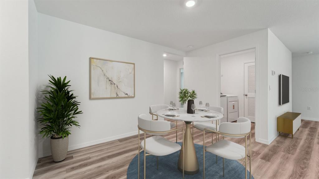 This is a digital rendering of a dining area with a round table and chairs — 3506 ROSEWOOD RAMBLE COURT, PLANT CITY, FL