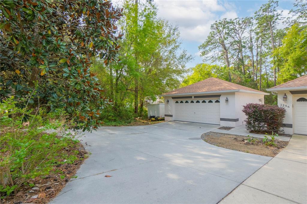 A concrete driveway leads to a detached two-car garage next to a wooded area — 1256 W SPHERE PLACE, BEVERLY HILLS, FL