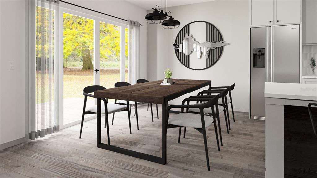 This is a digital rendering of a modern dining room featuring a wood table and chairs — 4436 AZORA ROAD, SPRING HILL, FL