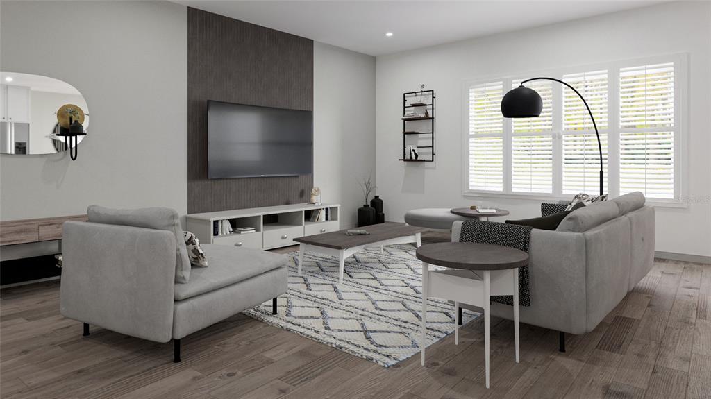 This is a digital rendering of a modern living room with gray furniture and wood flooring — 4436 AZORA ROAD, SPRING HILL, FL