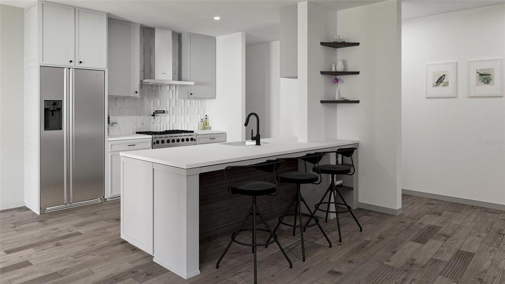This is a rendering of a modern kitchen featuring a white island with black bar stools — 4436 AZORA ROAD, SPRING HILL, FL