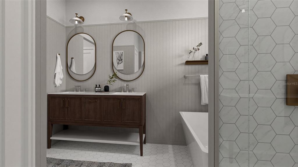 This rendering shows a modern bathroom with a double vanity, soaking tub, and tiled shower — 4436 AZORA ROAD, SPRING HILL, FL