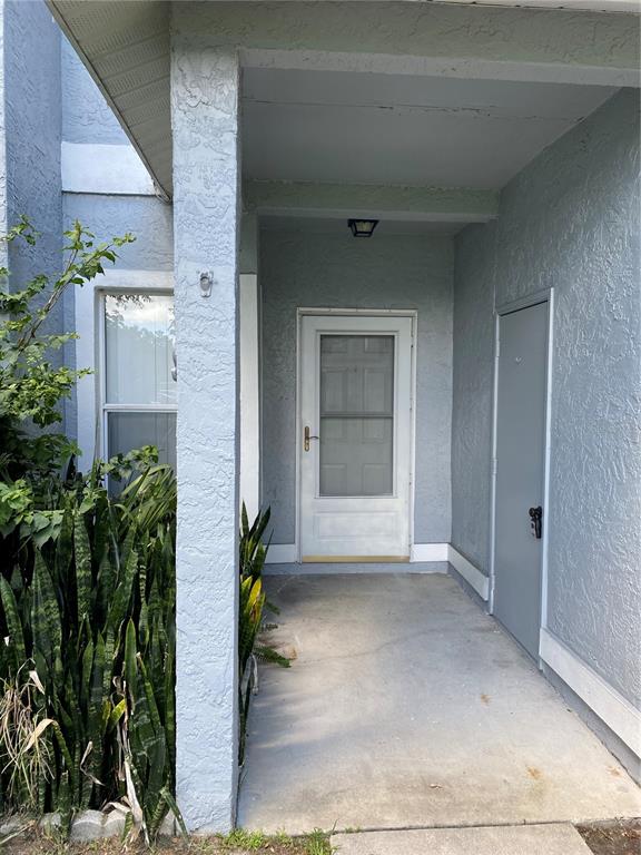 A covered entryway features a white front door, a side utility door, and stucco walls — 62 EMERALD BAY DRIVE, OLDSMAR, FL
