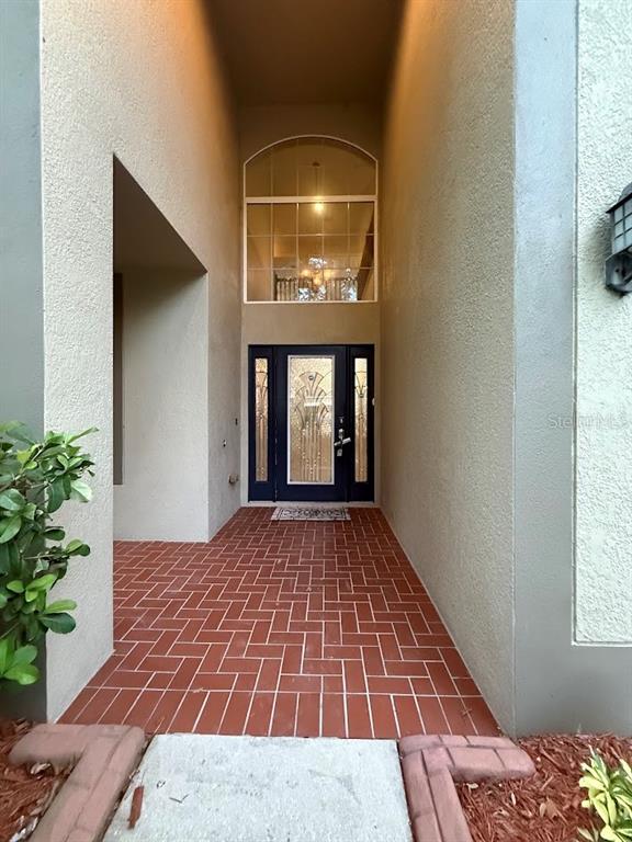 A front entryway features a dark blue door with glass inserts and a brick-paved floor — 5823 BUTTERFIELD STREET, RIVERVIEW, FL