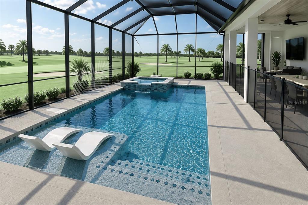 This rendering shows a screened-in patio featuring a swimming pool, spa, and golf course view — 1422 BUTTERFLY MILKWEED COURT, DAVENPORT, FL
