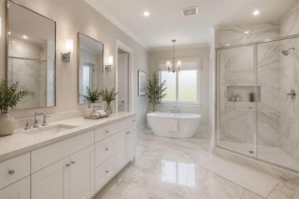 A bright bathroom features a double vanity, a freestanding soaking tub, and a glass-enclosed shower — 1422 BUTTERFLY MILKWEED COURT, DAVENPORT, FL