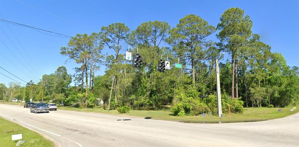 A street intersection features traffic lights and a dense line of pine trees — BAXLEY ROAD, MIDDLEBURG, FL
