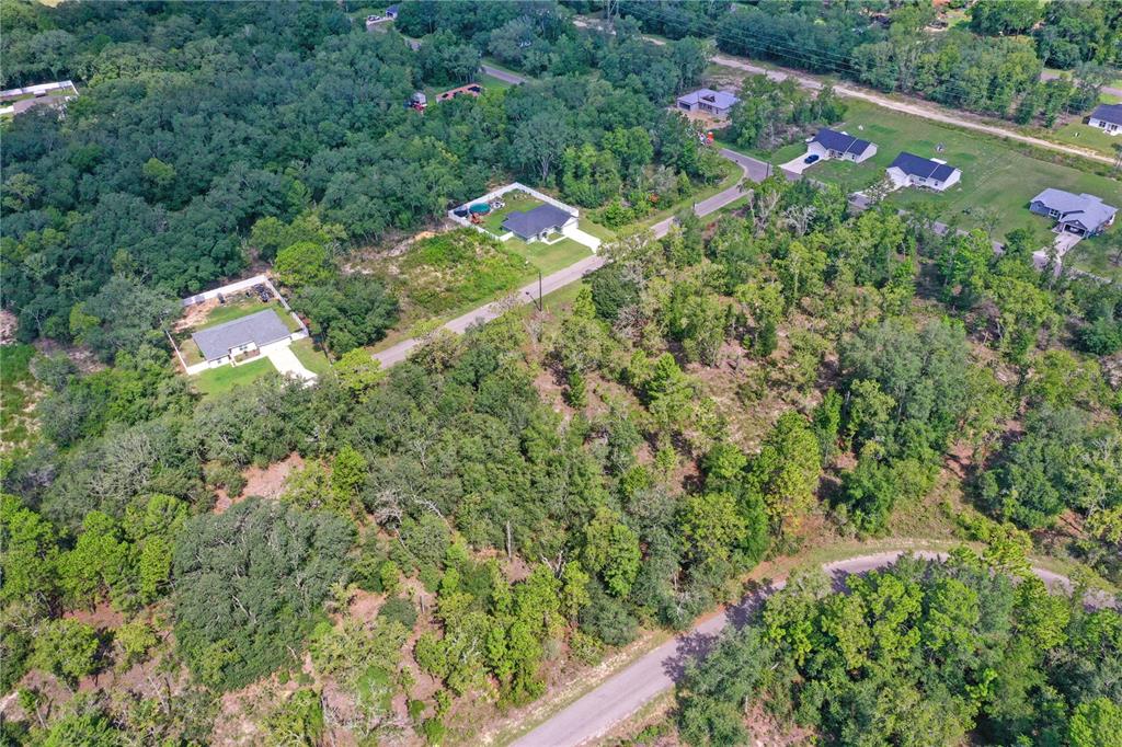 An aerial view shows several houses situated on wooded lots along a paved road — 0024 GUAVA PASS DRIVE, OCKLAWAHA, FL