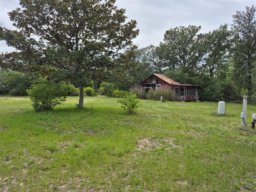 A weathered wooden cabin sits in a grassy field surrounded by large trees — 15764 NE 235TH PLACE, FORT MC COY, FL