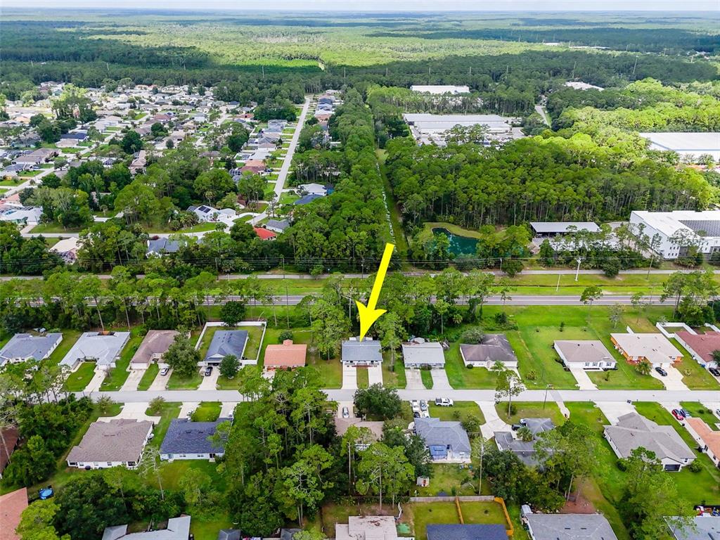 An aerial view shows a single-family home highlighted by a yellow arrow in a neighborhood — 33 WELLWOOD LANE, PALM COAST, FL