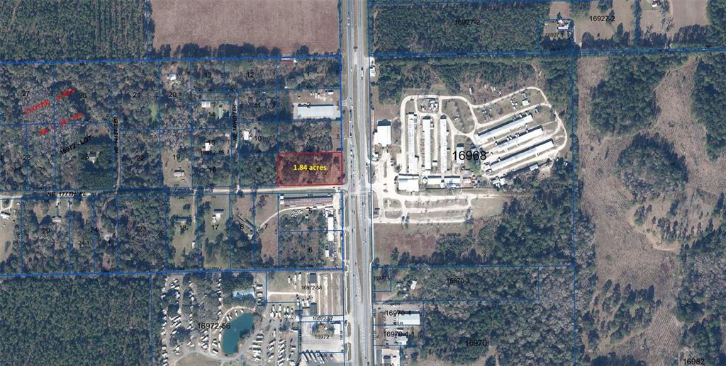 This aerial map shows a highlighted 1.84-acre parcel of land situated along a divided highway — 17802 US-301, WALDO, FL
