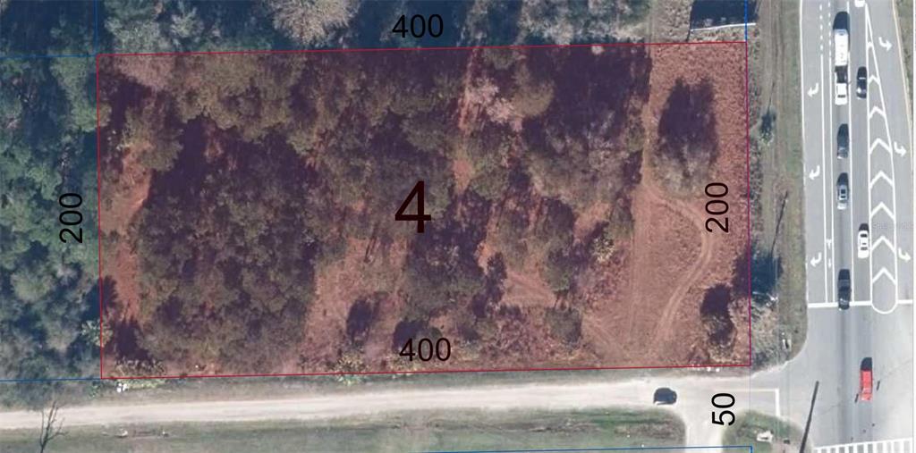 This is an aerial map showing a rectangular plot of land labeled with the number four — 17802 US-301, WALDO, FL