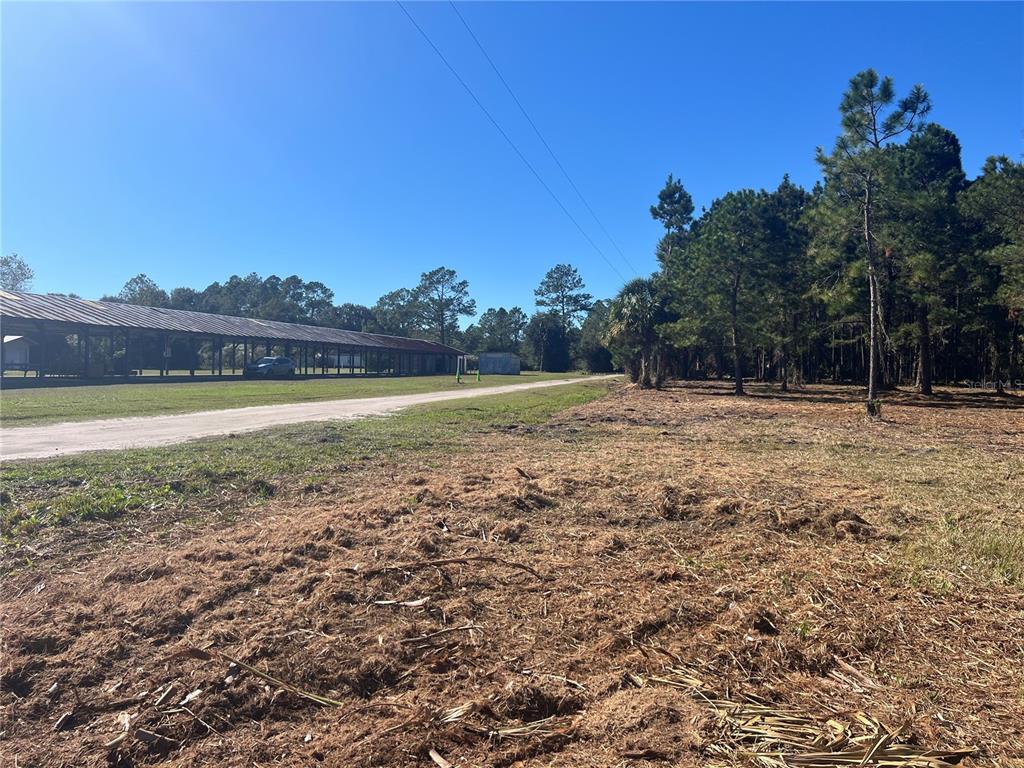 A dirt road runs past a long, open-sided metal structure next to a wooded area — 17802 US-301, WALDO, FL