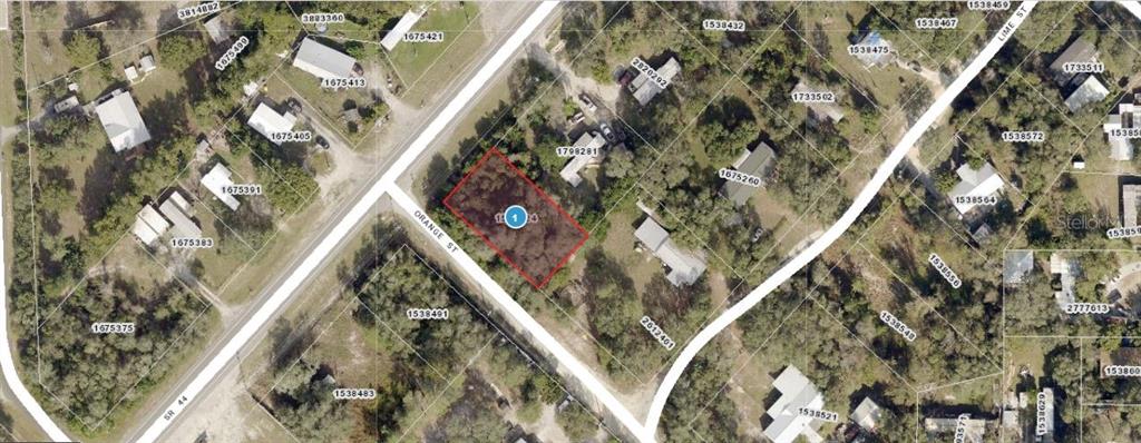 This is an aerial map view showing a vacant, rectangular lot outlined in red — E ORANGE AVENUE, EUSTIS, FL