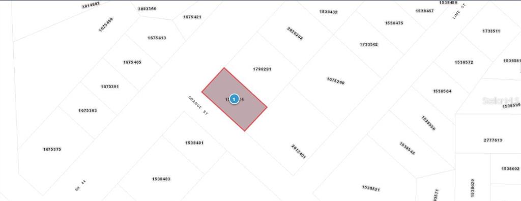 This image is a property map highlighting a specific rectangular parcel of land — E ORANGE AVENUE, EUSTIS, FL