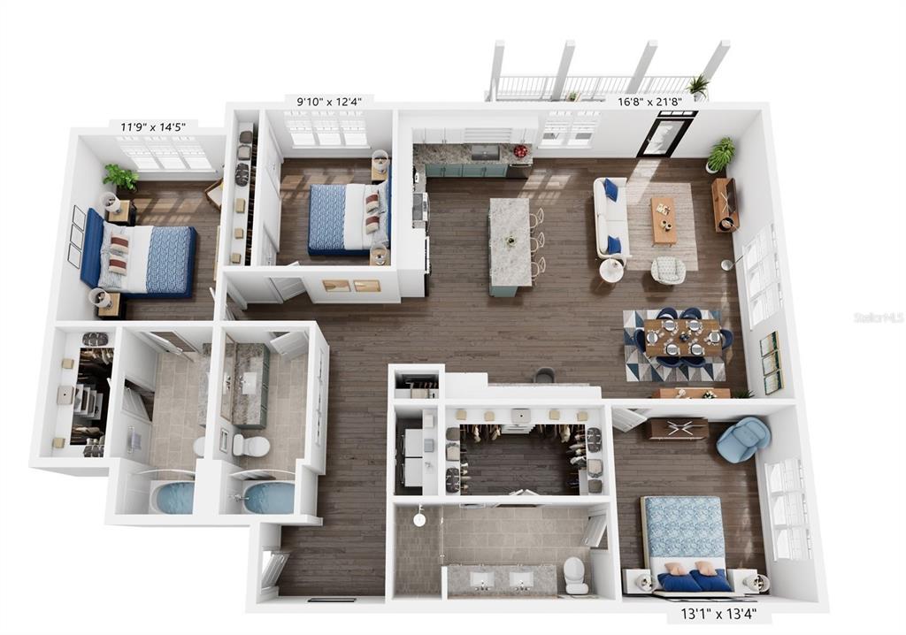 This 3D floor plan rendering shows a three-bedroom apartment with an open-concept kitchen and living area — 1801 ISLAND VILLAGE WAY UNIT 307, CELEBRATION, FL