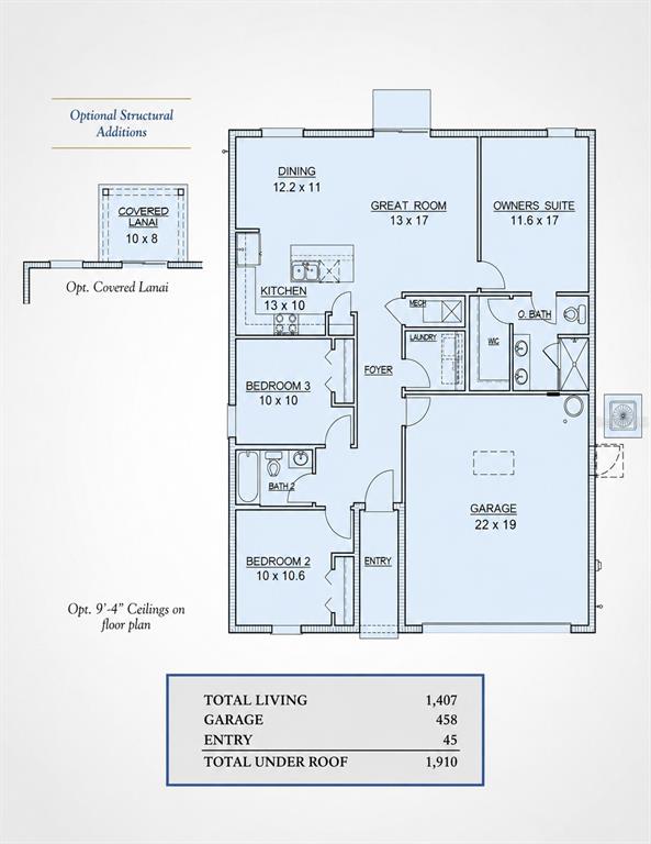 This floor plan shows a three-bedroom, two-bathroom home with an attached garage and optional lanai — 6205 SANDERS GROVE CIRCLE, OKAHUMPKA, FL
