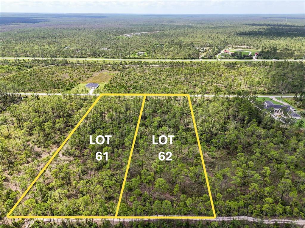 An aerial view shows two adjacent wooded lots marked 61 and 62 — LOT 62 MEADOW LARK BOULEVARD, LAKE WALES, FL