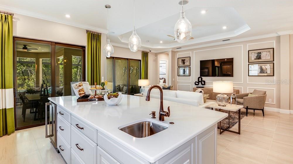 A kitchen island with a sink and faucet overlooks a living room with green curtains — 29668 IMPERATI BOULEVARD, WESLEY CHAPEL, FL