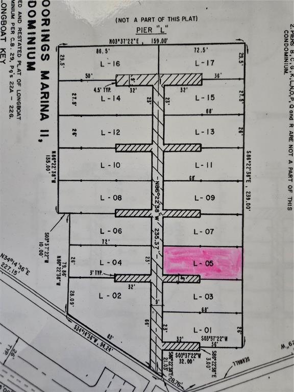 This is a survey map showing the layout of boat slips at a marina — 2600 HARBOURSIDE DRIVE UNIT L-05, LONGBOAT KEY, FL