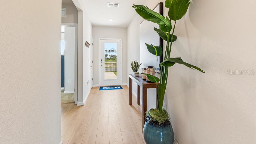 A bright entryway features light wood flooring, a console table, and a large potted plant — 1734 COBB TRAIL, PARRISH, FL