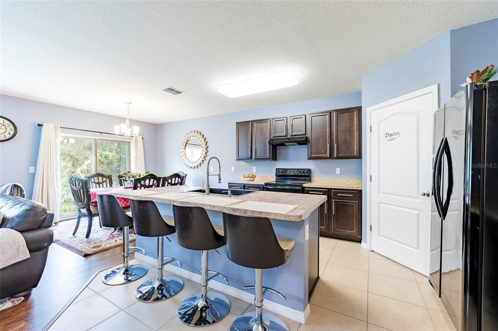A kitchen with dark cabinets, a central island with bar stools, and an adjacent dining area — 4162 ROBERTA DRIVE, WINTER HAVEN, FL