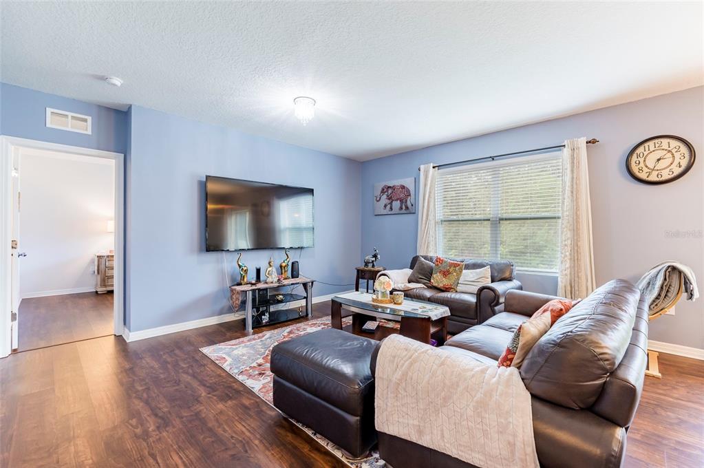 A living room features blue walls, dark leather furniture, a television, and wood-look flooring — 4162 ROBERTA DRIVE, WINTER HAVEN, FL