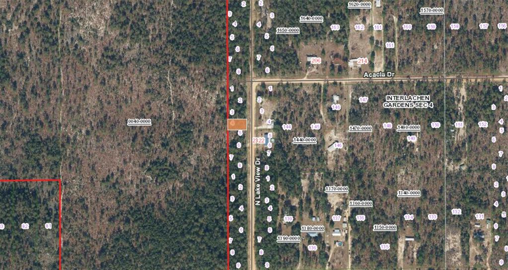 This is a satellite map showing a residential area with numbered lots along N Lake View — XX N LAKEVIEW DR LOT 142/4, INTERLACHEN, FL