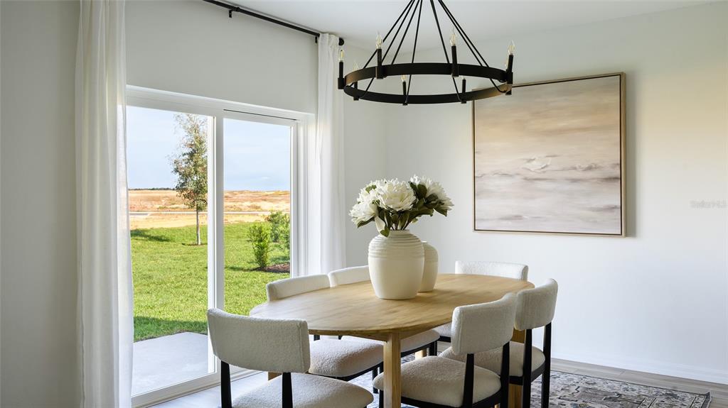 A dining room features an oval wooden table, white chairs, a chandelier, and sliding glass doors — 33824 NOBLE CREEK PLACE, DADE CITY, FL