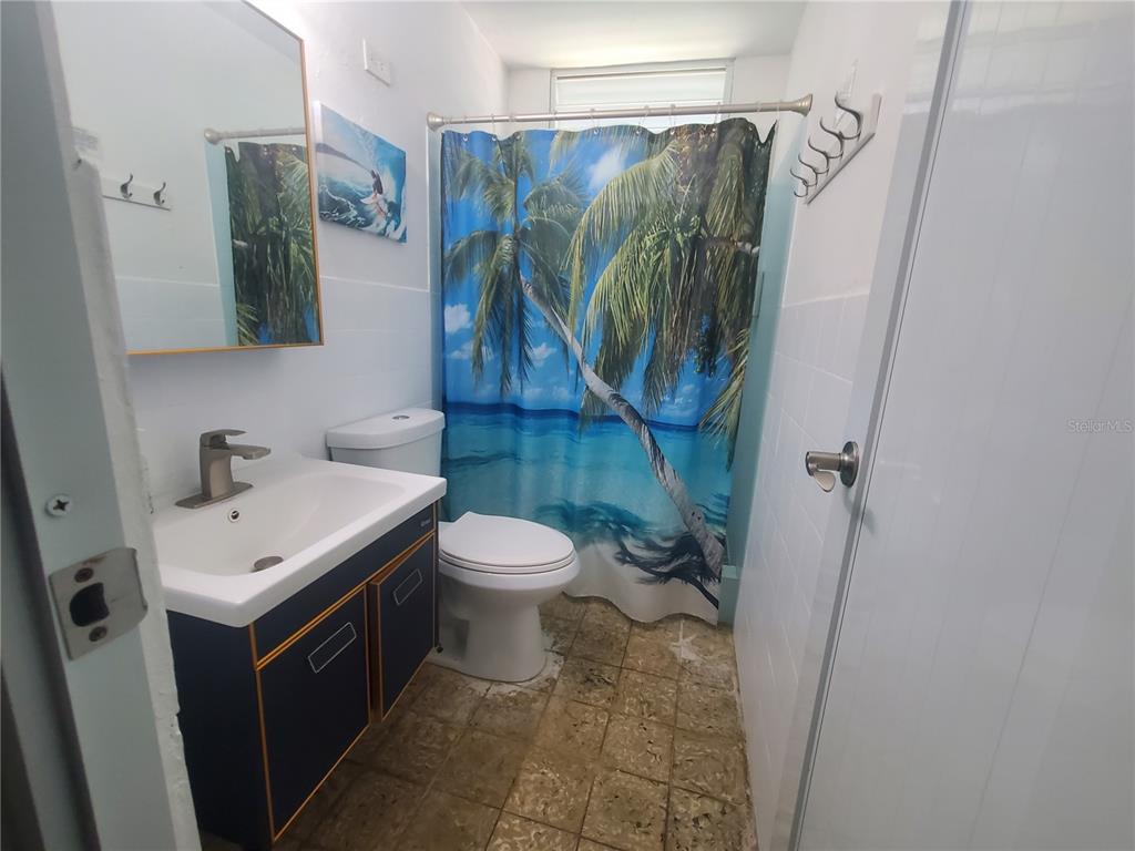A small bathroom features a dark vanity, a toilet, and a tropical-themed shower curtain — 10 CALLE COVALLE GANDIA STREET UNIT 201 B, ARECIBO, PR