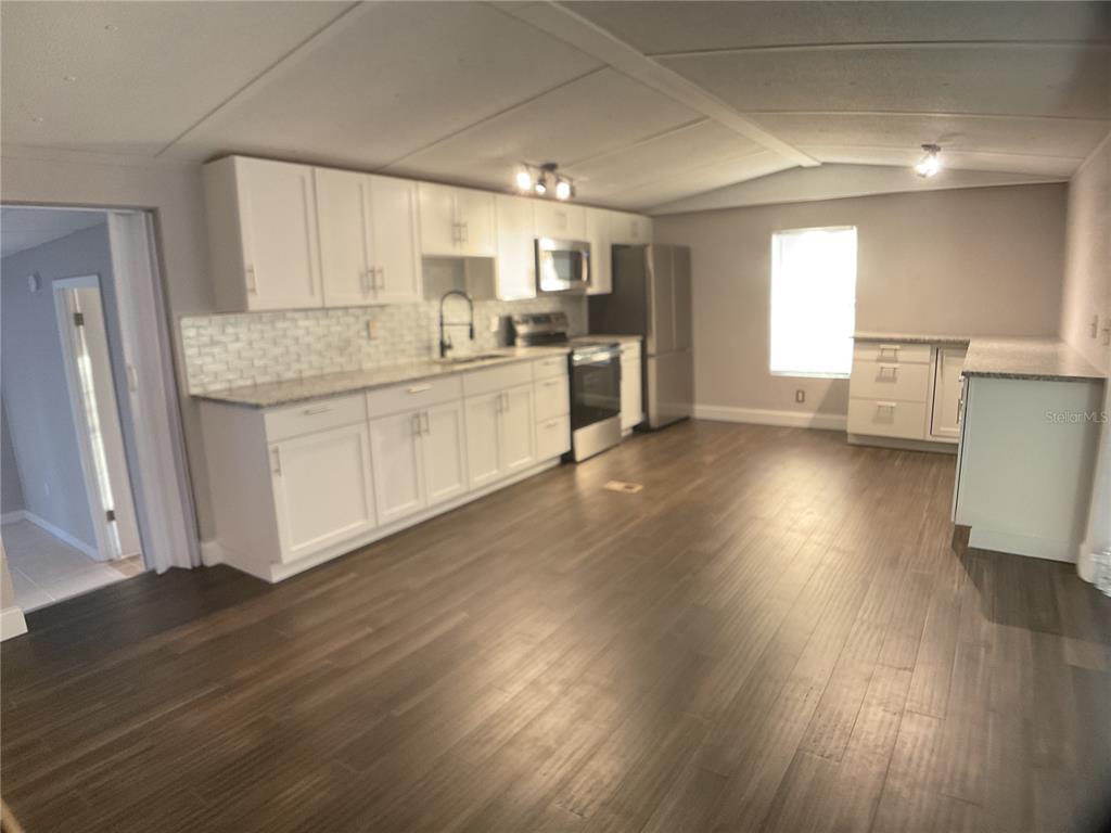 A kitchen features white cabinets, stainless steel appliances, granite countertops, and dark wood flooring — 5038 NE SANDY ROAD, ARCADIA, FL