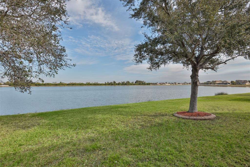 A grassy lawn leads to a lake with trees framing the view under a blue sky — 823 SEMINOLE SKY DRIVE, RUSKIN, FL