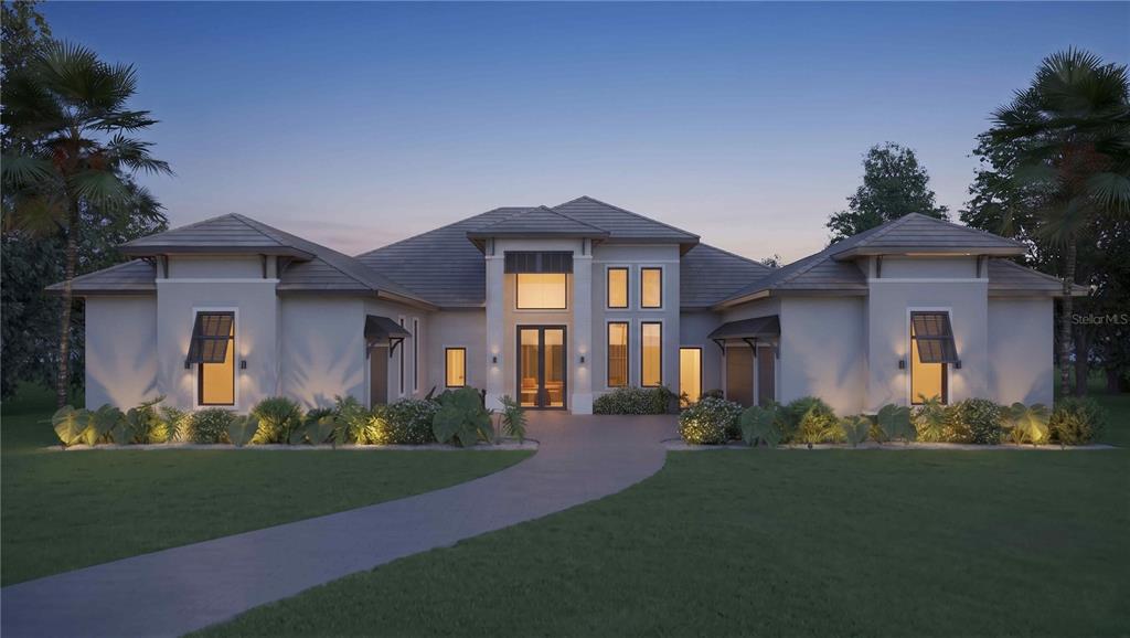 This is a rendering of a modern single-story house with a metal roof and landscaping — 15054 PENDIO DRIVE, BELLA COLLINA, FL