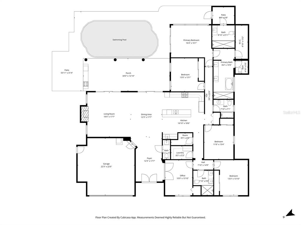 This is a floor plan of a single-story house featuring a pool and attached garage — 2032 KANSAS AVENUE NE, ST PETERSBURG, FL