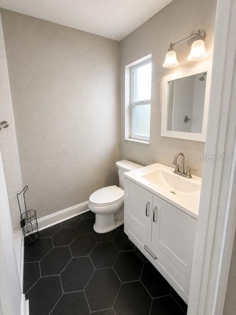 A bathroom features a white vanity, a toilet, a window, and black hexagonal floor tiles — 4307 W MAIN STREET, TAMPA, FL