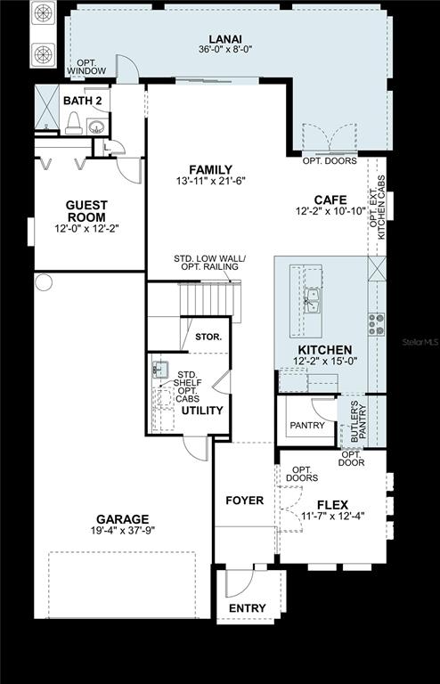This is a floor plan for a single-story home featuring a garage, lanai, and kitchen — 5009 BASSWOOD STREET, LAKELAND, FL